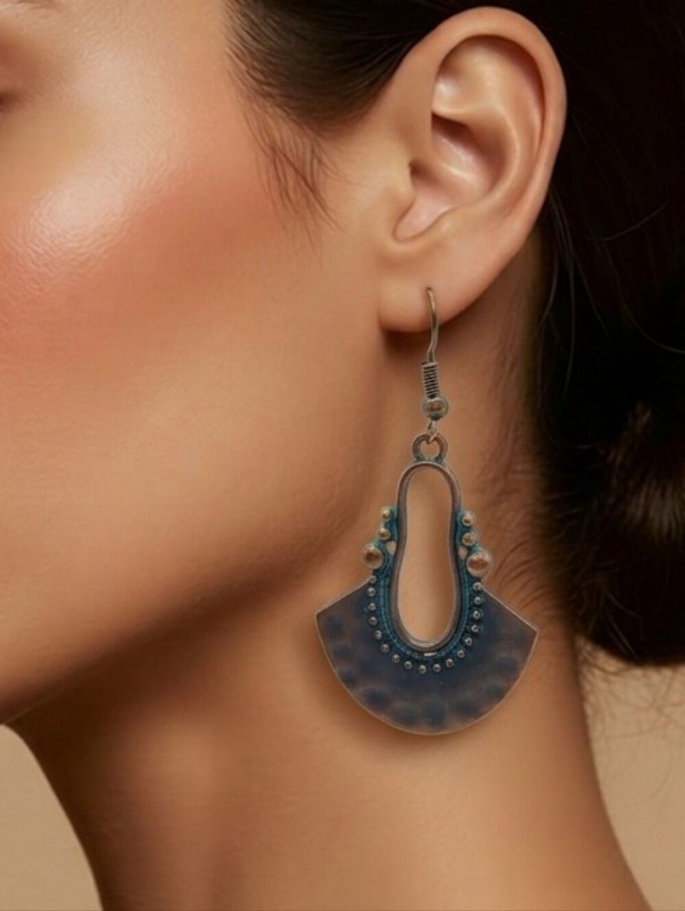 Copper Patina Spartan Shield Earrings Boho Moroccan Statement Dangle Jewelry